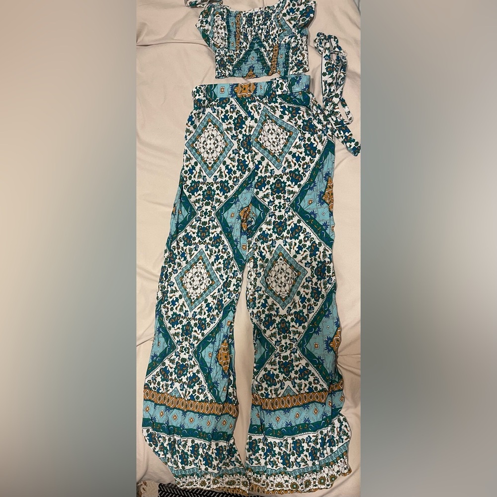 SHEIN Blue and White Patterned Jumpsuit with head band tie
